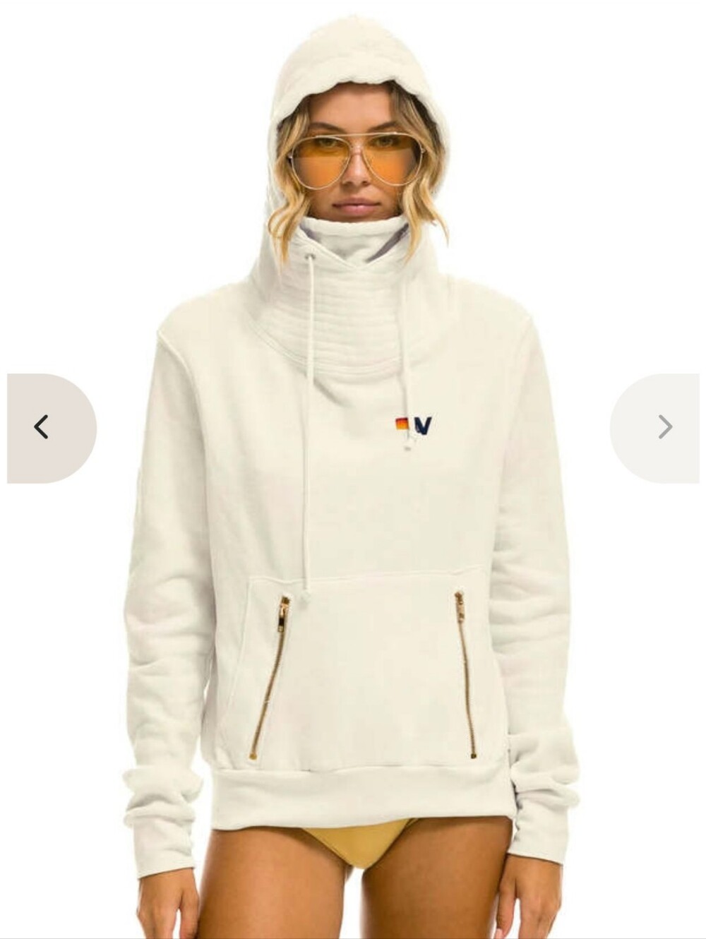 Aviator Nation Cream Hooded Funnel-Neck Pullover with Gold Zippers